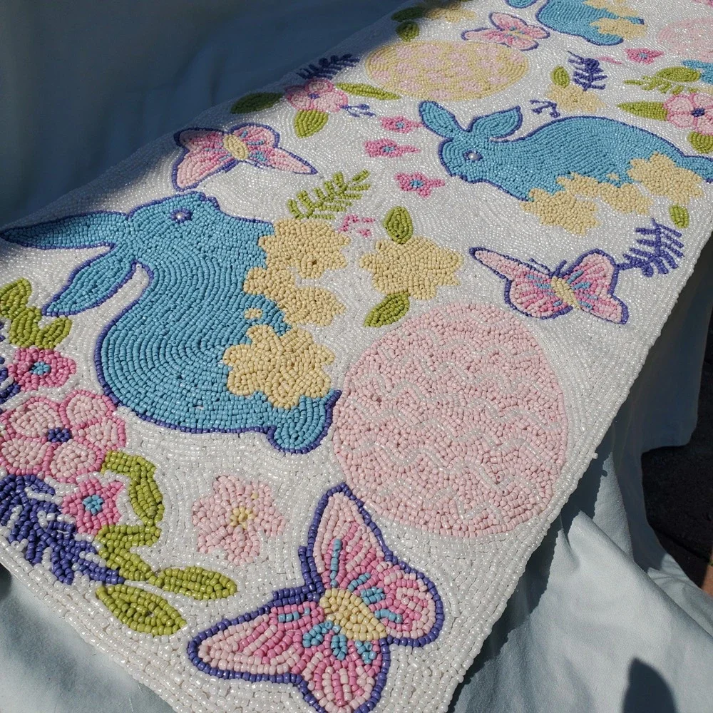 Bedding Craft Beaded Table Runner Easter Bunny Butterfly Floral Pastel 13x36